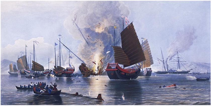 A painting of ships on the water.
